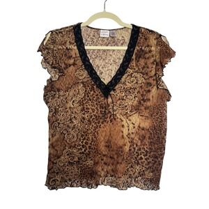 Vintage Gilligan O'Malley XL Brown Animal‎ Print Lace Sheer Blouse Y2K